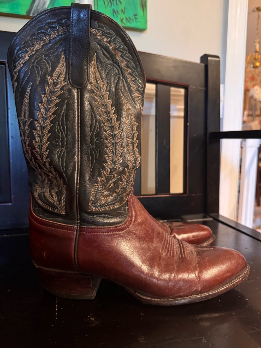 Vintage Larry Mahan Mens Leather Cowboy Boots Two Tone Brown Black USA Size 10D